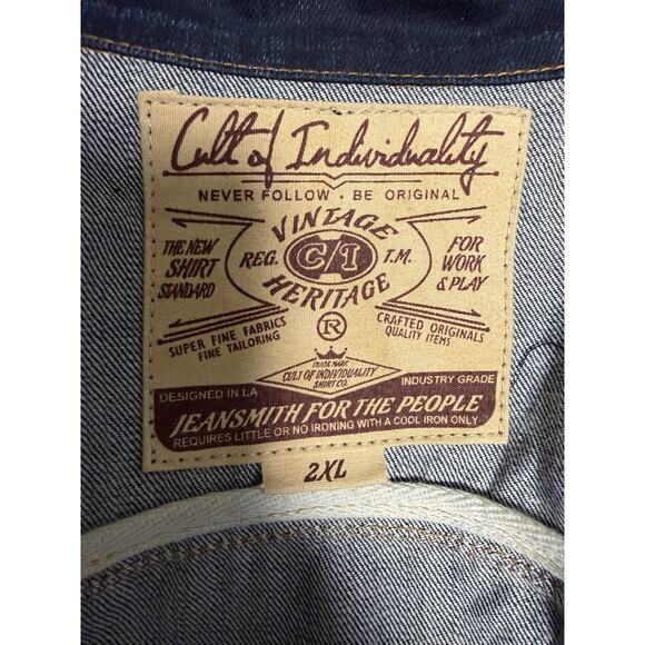 Cult of Individuality Denim Jacket Mens 2XL Leather Sleeves Trucker 628-255A - Picture 12 of 16